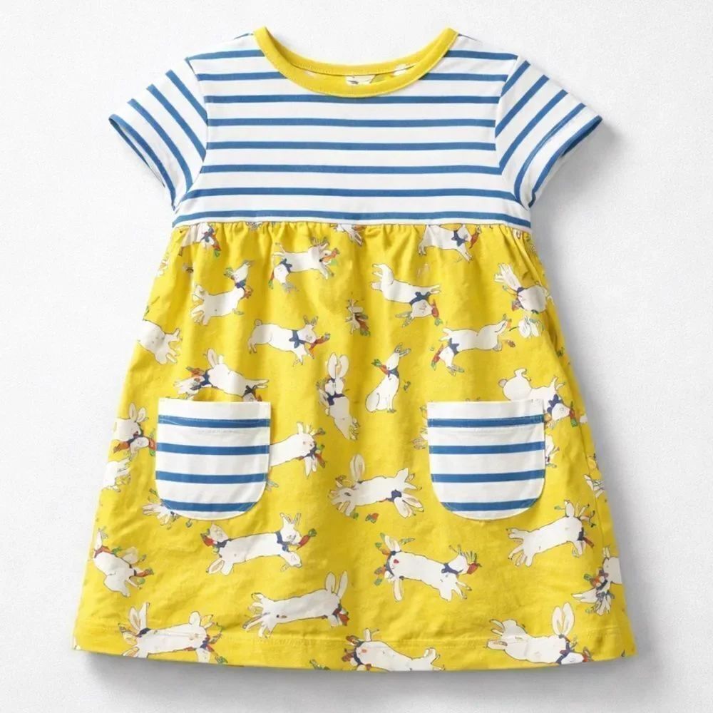 Baby Boden bunny dress with blue and white stripe bodice and yellow print skirt